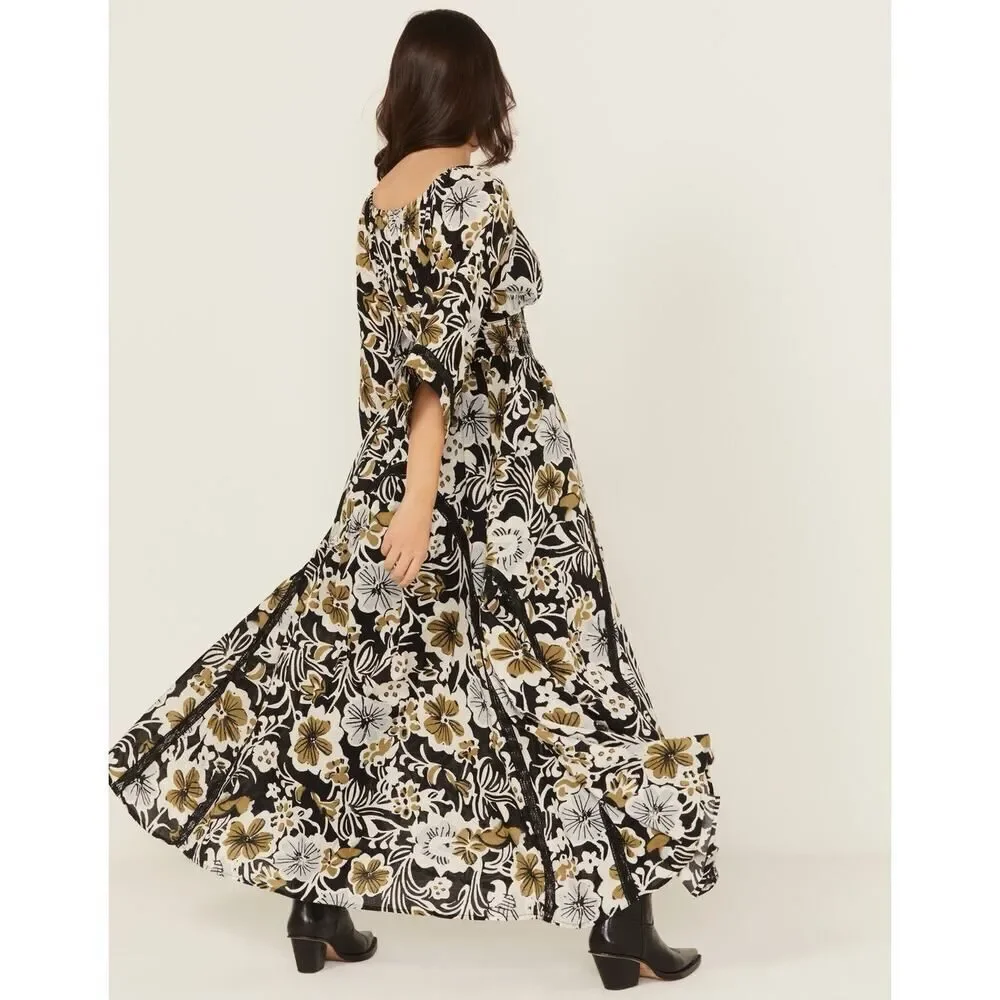 NWT Free People Dixie Floral Maxi Dress Black White Gold S 100% Cotton Boho Fall